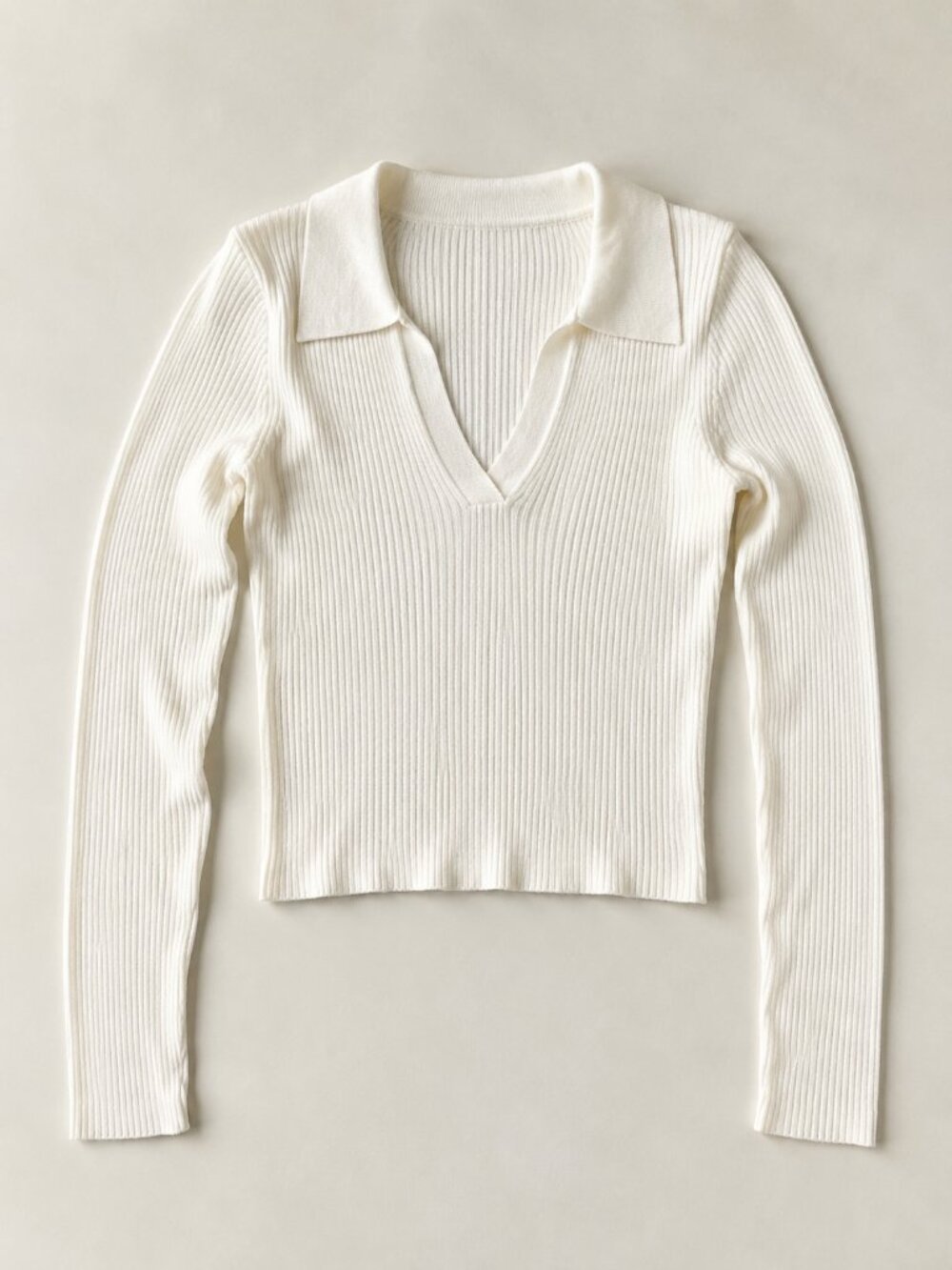 Ivory Ribbed Polo V-Neck Long Sleeve Cropped Sweater Top